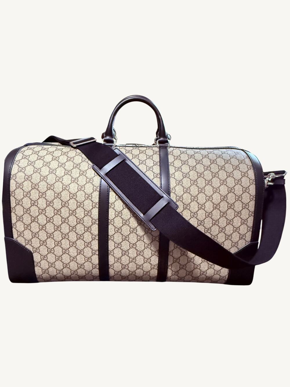 Gucci GG Supreme XL Travel Duffel Bag Beige Ebony Black Leather Full Set New